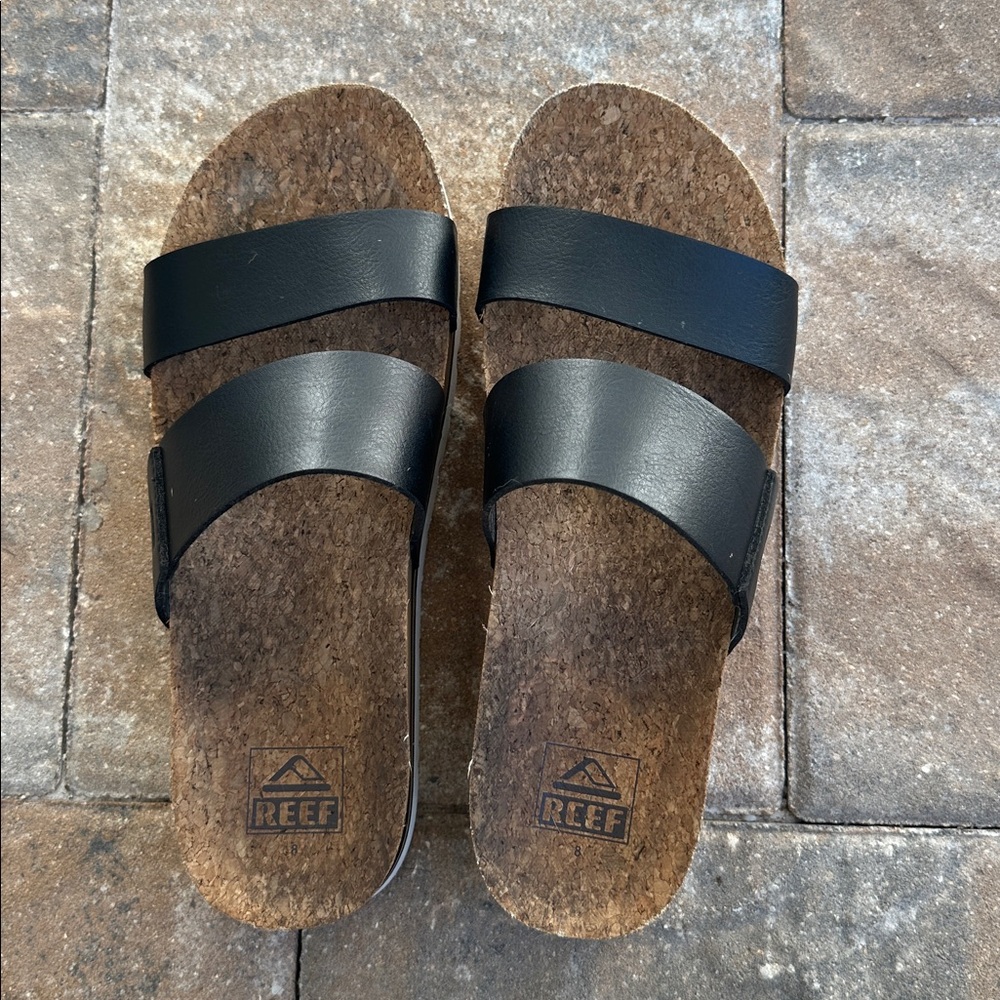 Reef Black Cork Platform Slide Sandals